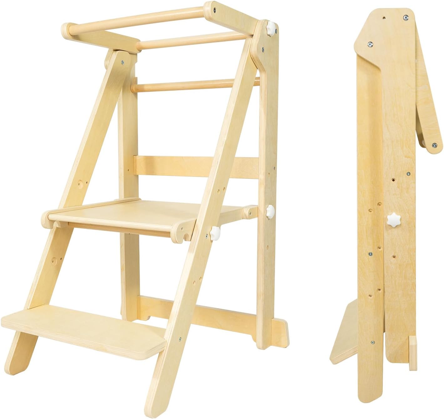 Foldable Toddler Learning Standing Tower, WOOD CITY Montessori Kitchen Step Stool Helper with 3 Adjustable Heights Learning Kitchen Tower for Counter and Bathroom Sink (Natural)