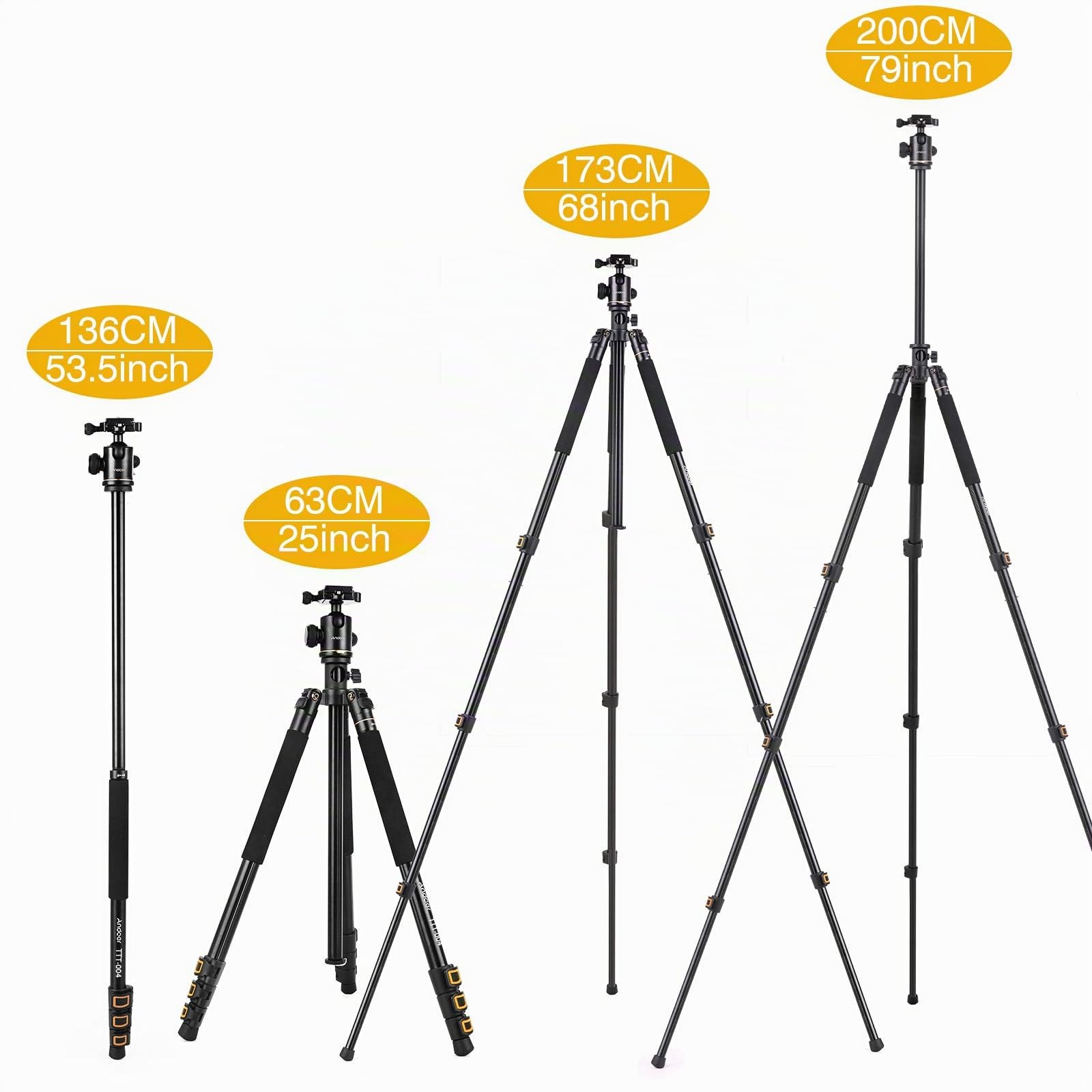 Treppiedi Fotocamera 200cm, Andoer Treppiede Fotocamera Monopiede Fotografico Leggero da Viaggio Colonna Girevole 360° e Testa a Sfera per Riprese Macro e Panoramiche Compatibile Camera