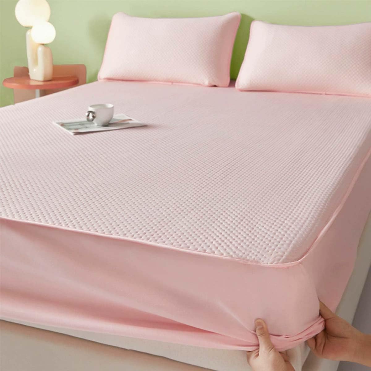 Ice Silk Cooling Bed Sheet, Deep Pocket Ultra Soft Fitted Bed Cover, Cooling Fitted Sheet for Summer Hot Sleepers & Cool Rest, Breathable Bedding (90x200cm,Pink)