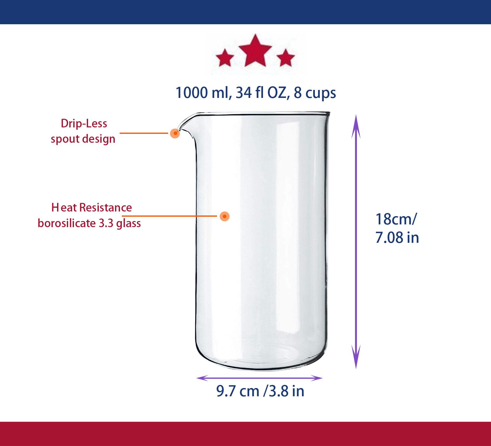 Generic Glass Replacement Carafe for Bodum French Press Coffee Maker, 34 Oz Capacity, Clear, STANDARD, FP6070