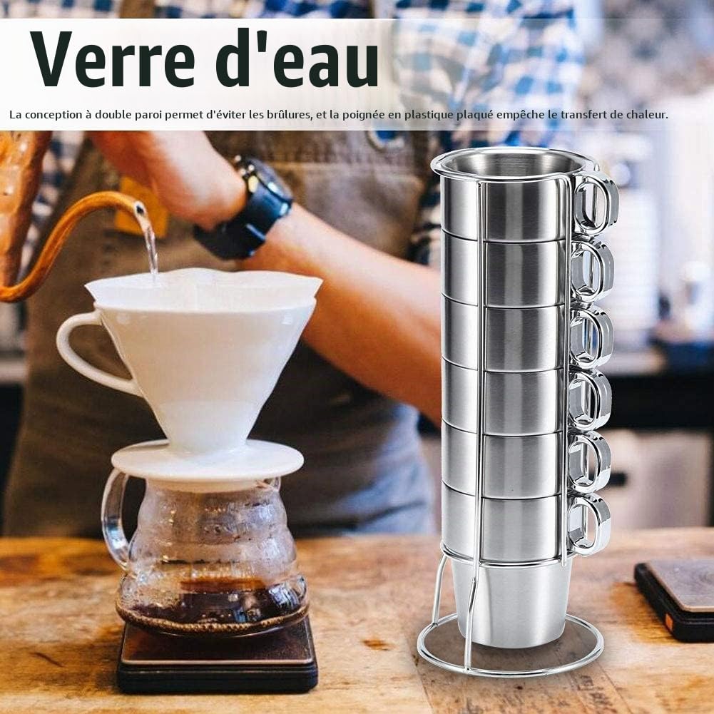 Tasse à Café en Acier Inoxydable, Lot de 6 Réutilisables Rangement en Métal avec Support Isolée Empilable de Tasse, Tasse à Café Expresso à Double Couche avec Support pour Café Thé Boissons