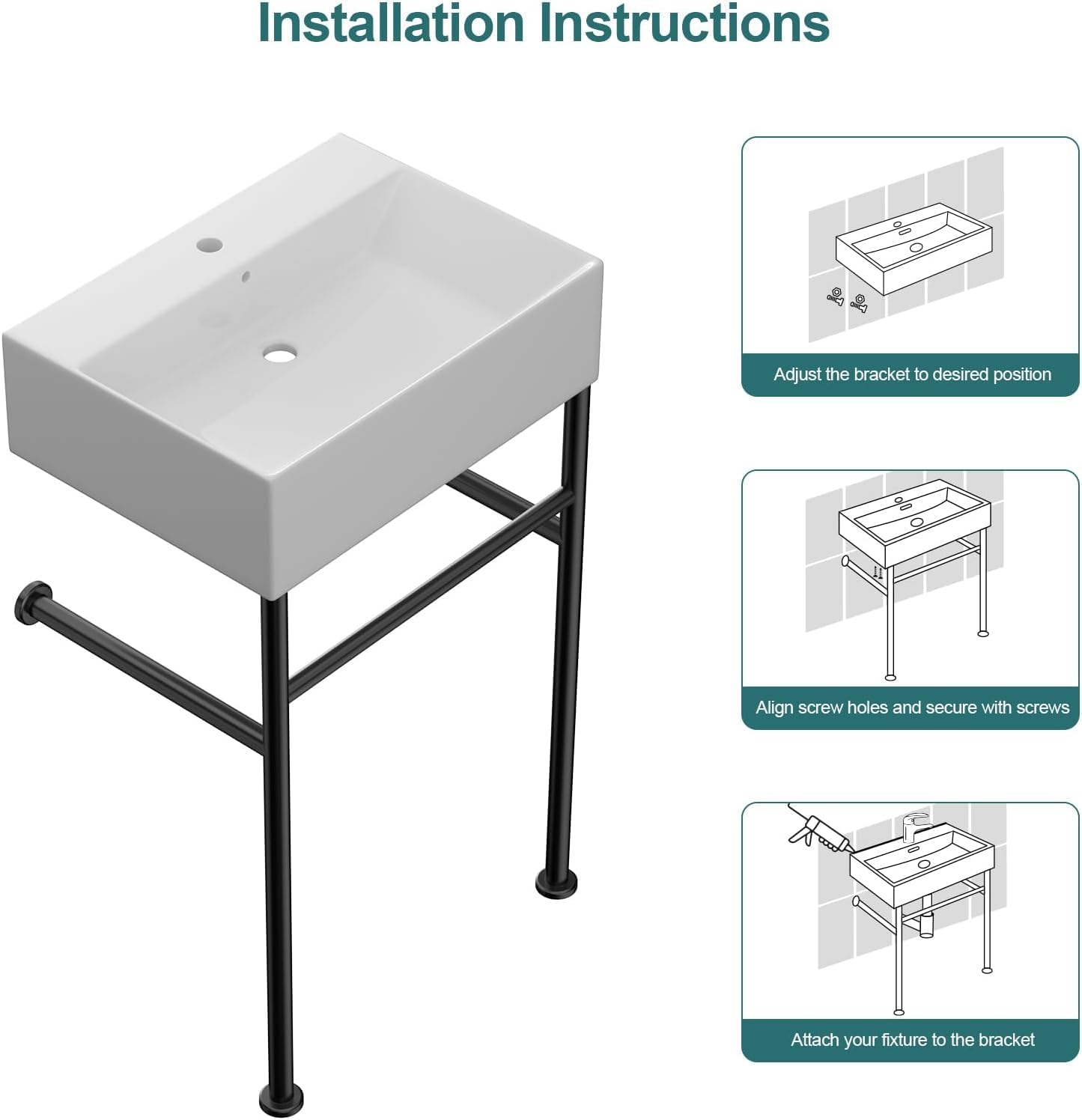 24"x16" Freestanding Console Sink with Black Stainless Steel Pedestal, Modern Rectangular Bathroom Vessel Basin, Wall Mount or Free Standing Ceramic Vanity Sink, Matte Black