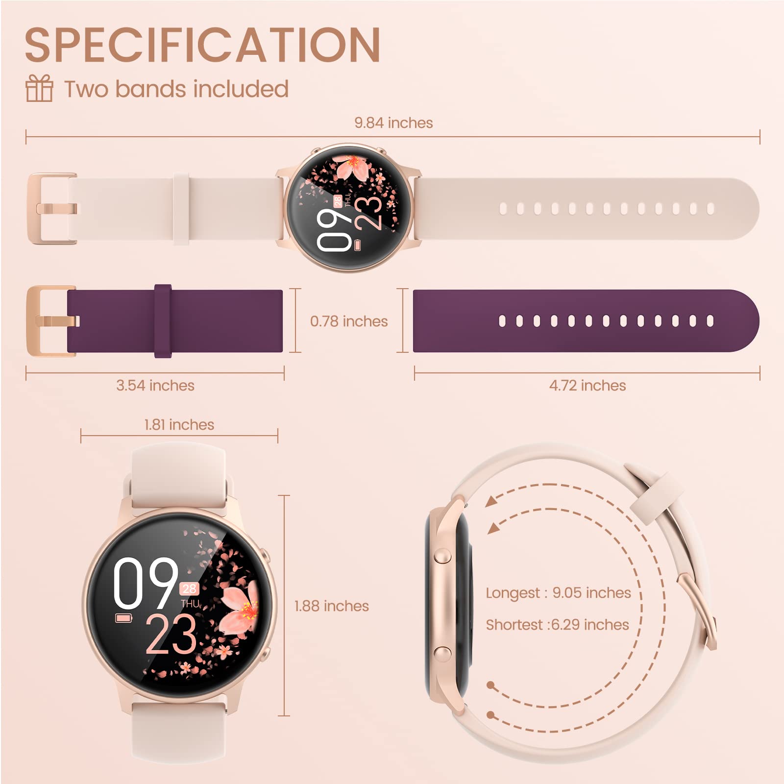 Inteligentne zegarki dla kobiet, 2022 zupełnie nowy smartwatch do telefonów z systemem Android i iPhone'a, wodoodporny tracker fitness 3 ATM, z funkcją monitorowania snu, pulsometrem, krokomierzem,