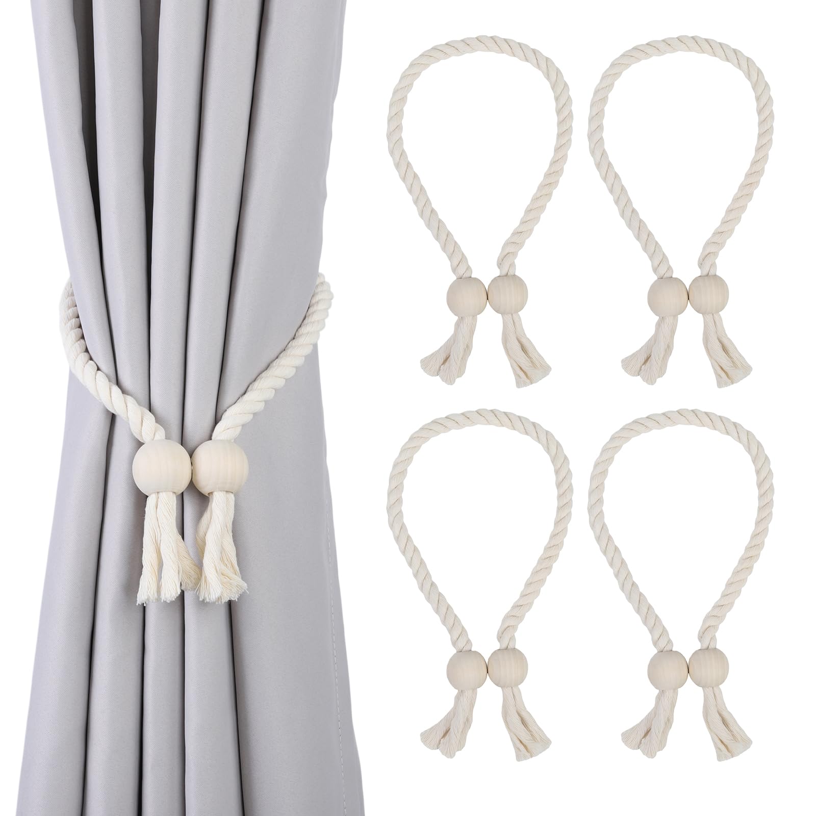 OTraki Lot de 4 Embrasse pour Rideaux Magnétique, Attaches Rideau en Coton tissé à la Main, Pince Rideau sans Percage pour Tous Types de Rideaux (Beige)
