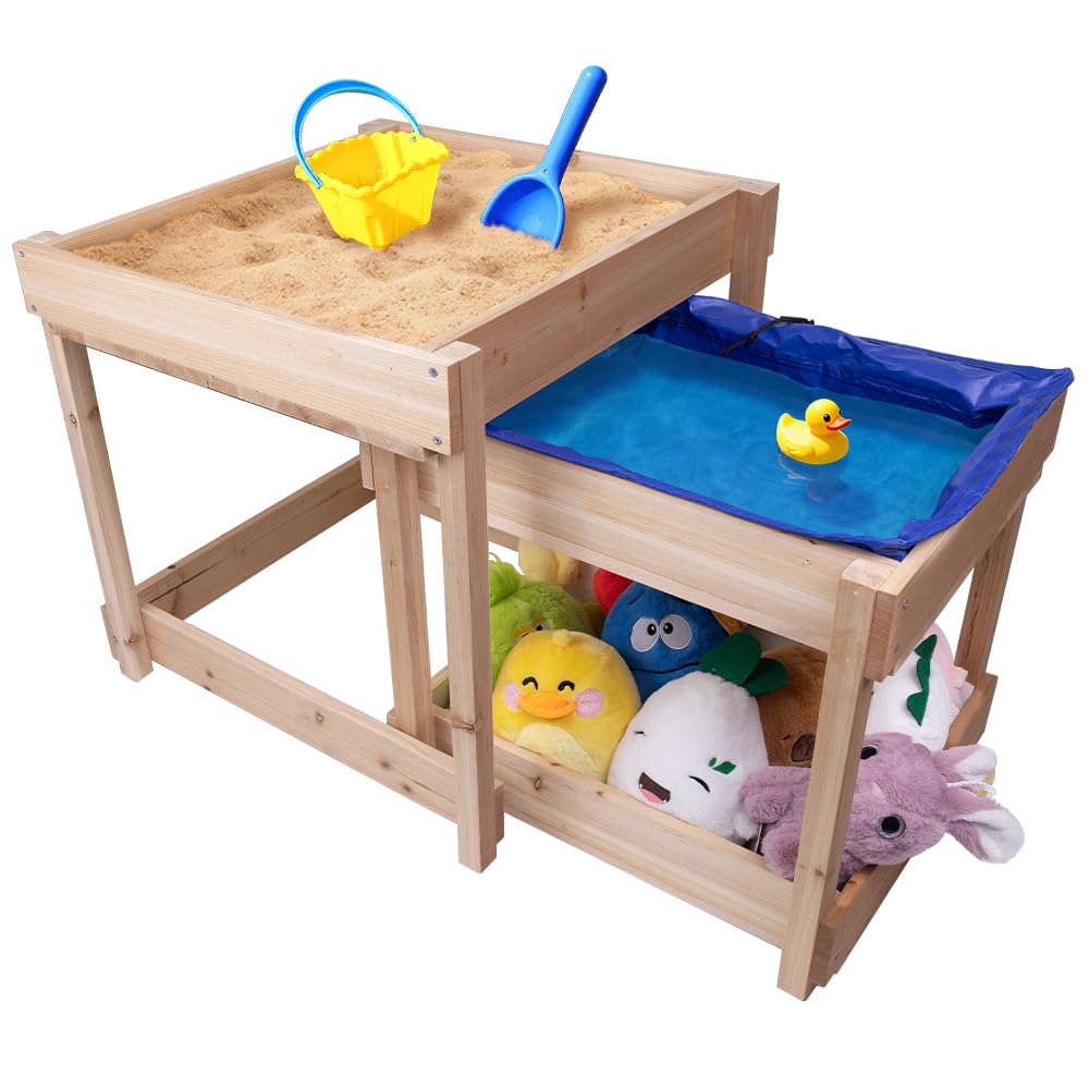 WodGod Sand and Water Table,Includes a Larger-Sized Dust-Proof Bag, Natural Pine Wood,Indoor/Outdoor Use(Dolls NOT Included)