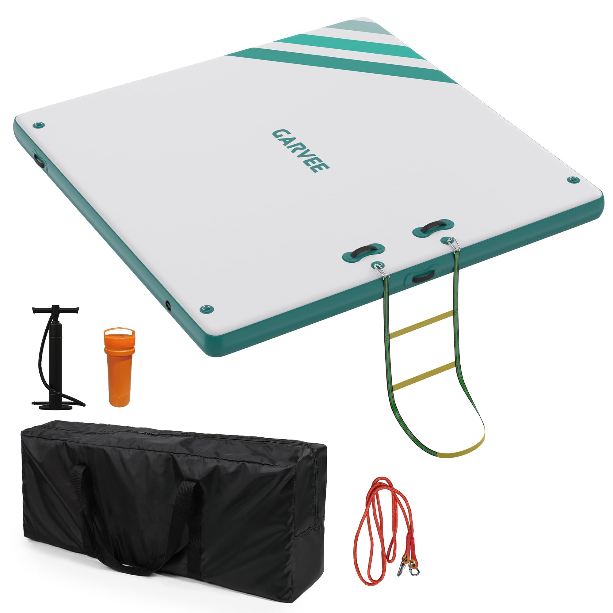 Garvee Inflatable Floating Dock, 2.4 x 1.8 m Floating Island with Portable Carrying Bag, Rope Ladder & Pump, Multi-Person Swim Water Mat for Adult, Non-Slip Air Raft Platform for Lake Pool Beach Ocean