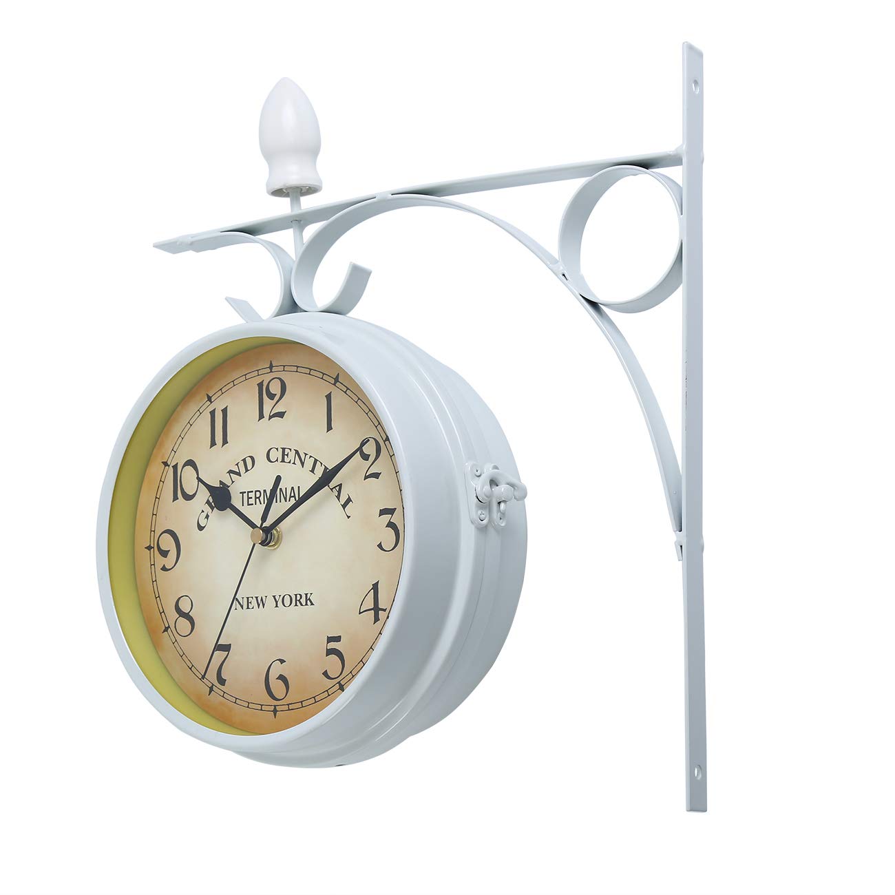Horloge de Gare Rétro, Horloge Murale Double Cadran avec Potence de Fixation Pendule Double Face pour L’intérieur et L’extérieur Maison Jardin Cuisine Cour Séjour Blanche