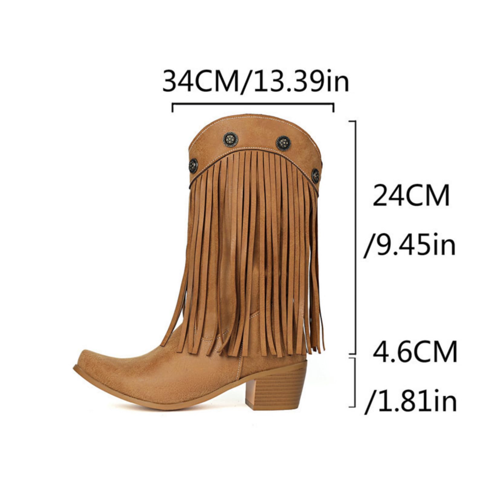 Generico Stivali Cowboy Vintage per Donne con Tacchio Spesso a Blocco, Frange Western e Dettagli con Puntini per Stile Country