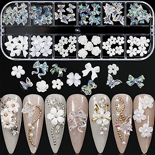 Flower Nail Art Charms Decoration 60Pcs Glitter Butterfly Flower Nail Glitter Decals Stickers Design 3D White Flower Mixed Nail Flatback Butterfly Design Acrylic Nail Stud Jewelry For Women Nail Salon #TOP1