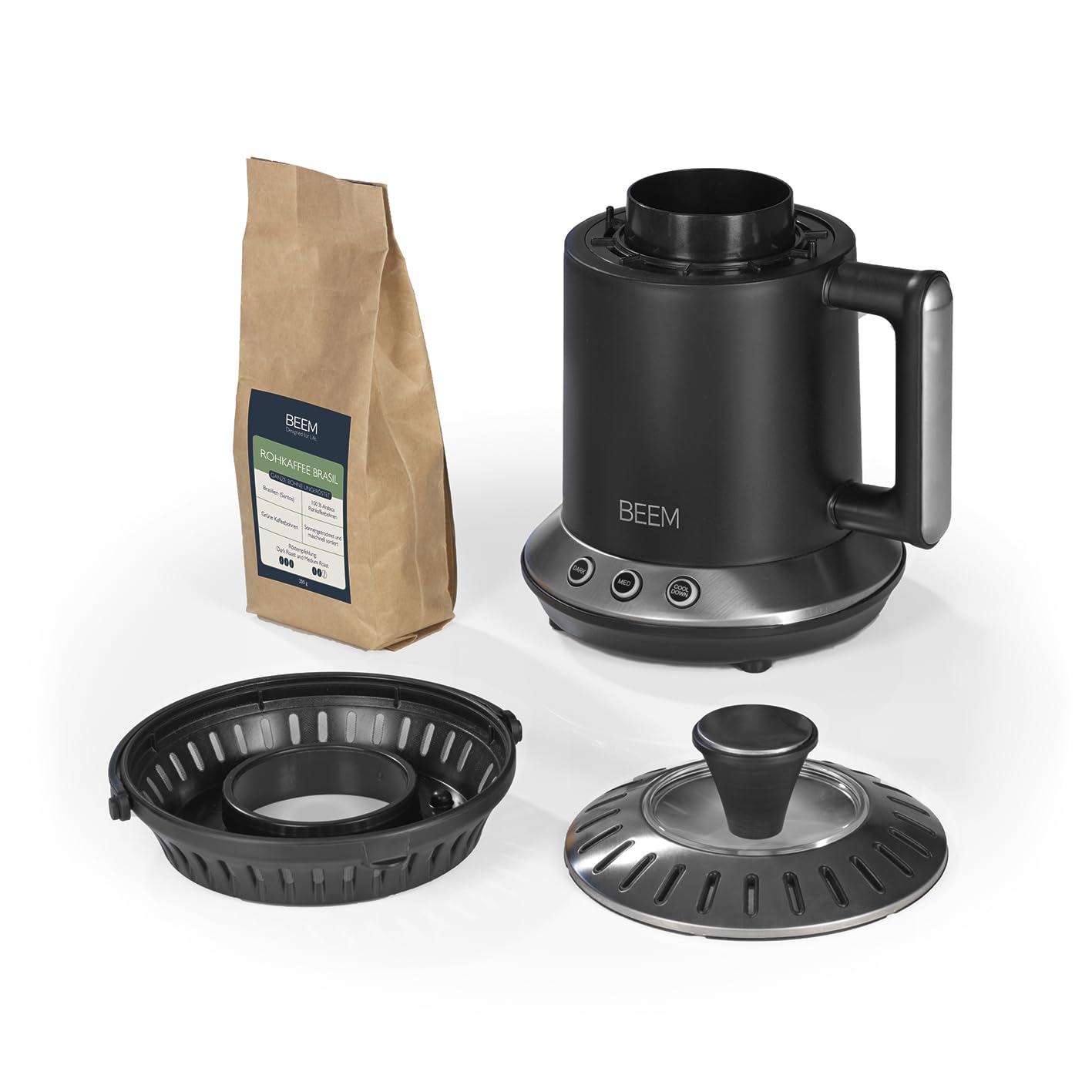 BEEM ROAST-PERFECT Torréfacteur avec 200 g de café brasil (grain entier non torréfié) | 2 degrés de torréfaction réglables [acier inoxydable, verre borosilicaté, noir]