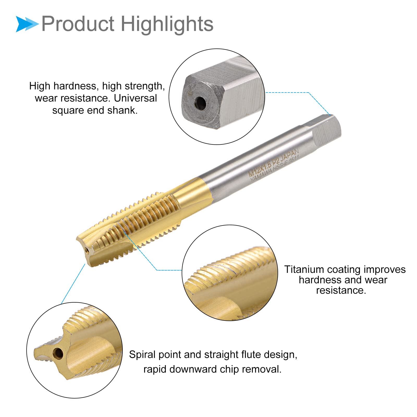Spiral Point Taps, Metric M12 x 1.5 Filettatura, Titanio Rivestito Alta Velocità Acciaio 6542 Vite Fresatura Filettatura Tap - (per Picchiettatura Perforante Macchina), 1Pz