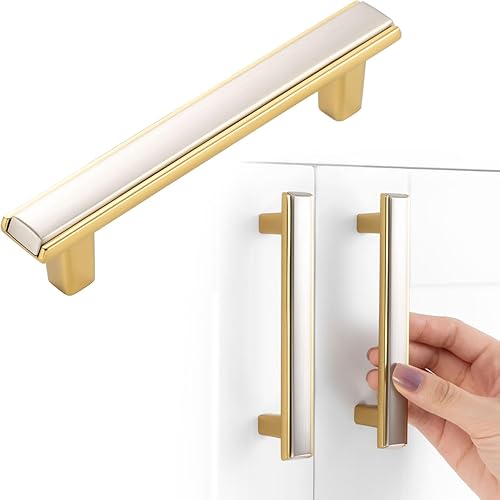 Tiradores de Gabinete de Níquel y Oro, Manijas de Gabinete de Cocina de Níquel Cepillado y Oro, Juego de 5 Piezas de 3–3/4 Pulgadas, Herramienta de