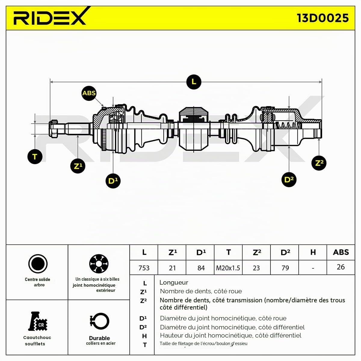 RIDEX 13D0025 Arbre de transmission Avant Droite Compatible avec RENAULT Clio 2 3/5 portes BB, CB, BB0/1/2, CB0/1/2