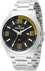 Relógio Masculino Technos Aço Prata Mostrador Preto Fosforescente Calendário 50M Resistente Água Pulseira Inox Analógico 2115KLM1L