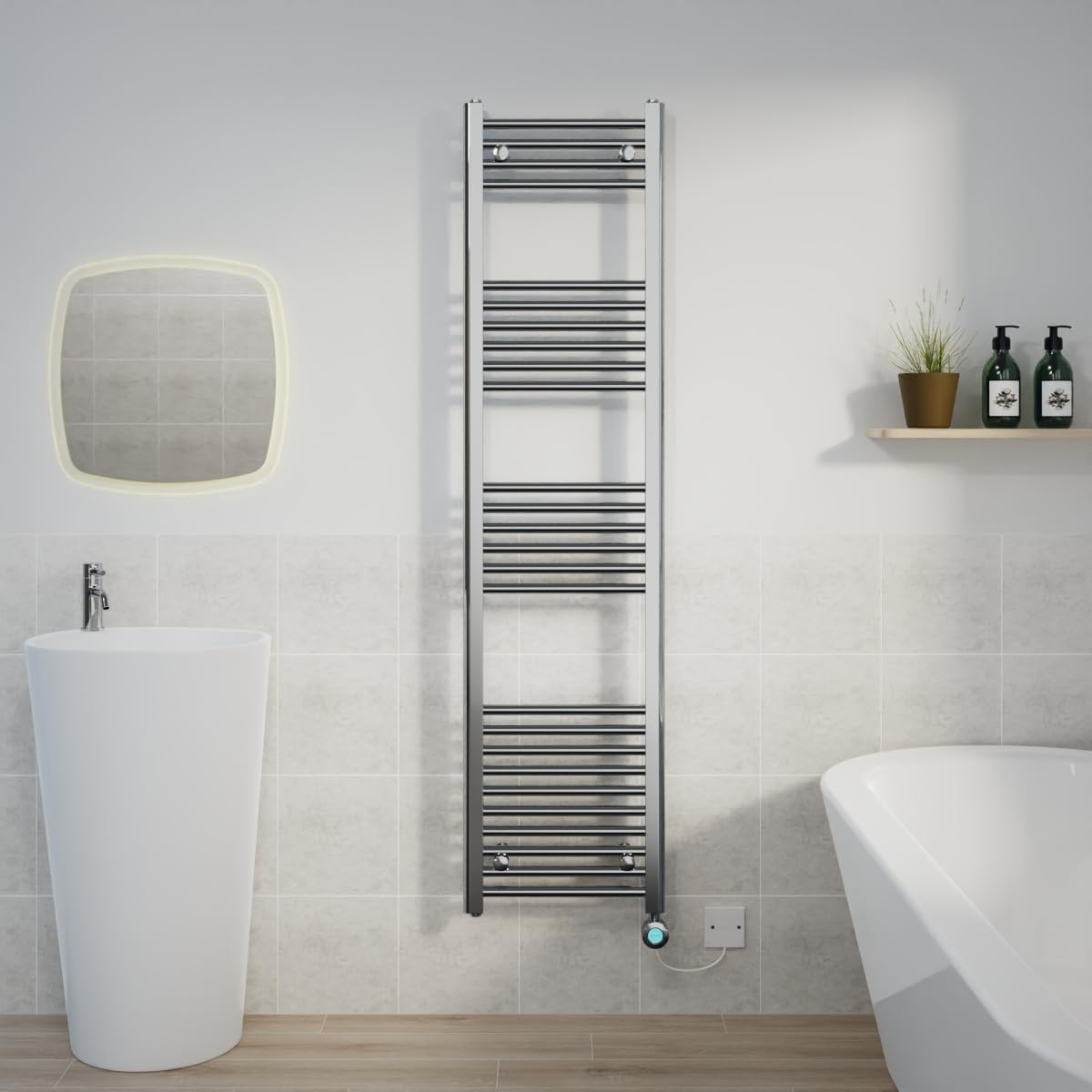Warmehaus Prefilled Electric Thermostatic Heated Towel Rail Bathroom Ladder Radiator Straight with 800W LCD Display Timer Electric Heating Element Chrome 1600x400mm