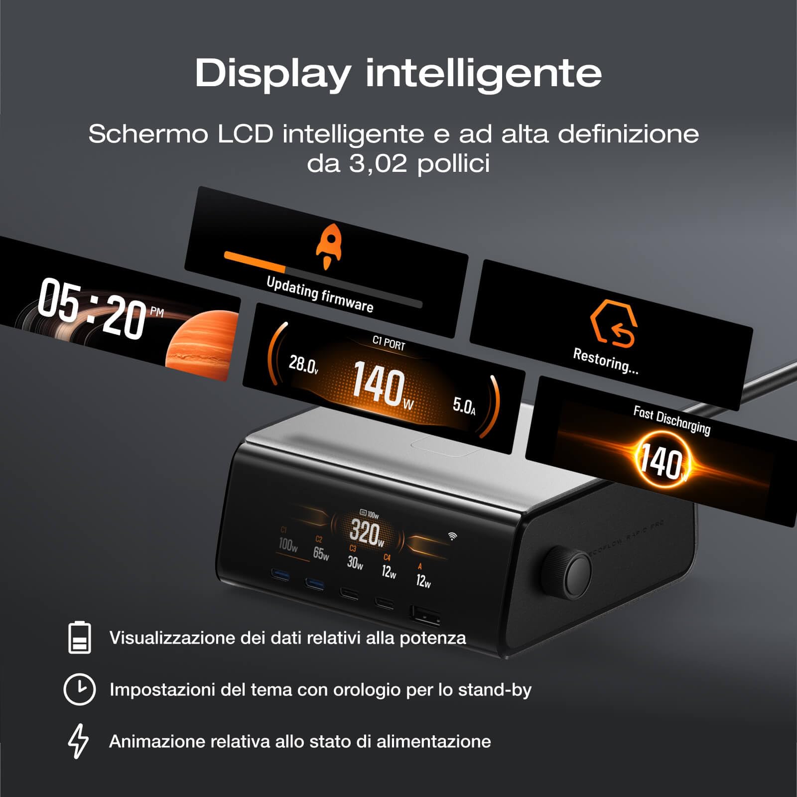 Caricabatterie da tavolo EcoFlow RAPID Pro (320 W, 5 porte, GaN), uscita fino a 320 W, per 6 dispositivi, 5 porte + Power bank EcoFlow RAPID Pro, compatibile con iPhone 16/15, Samsung, MacBook e altri