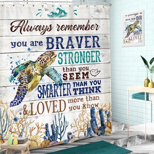 LIGHTINHOME Sea Turtle Quote Shower Curtain 60Wx72H Inches Inspirational Beach Ocean Animal Nautical Rustic Underwater Vintage Wood Cloth Fabric Waterproof Polyester Bathroom Home Decor Set with Hooks - Image 2