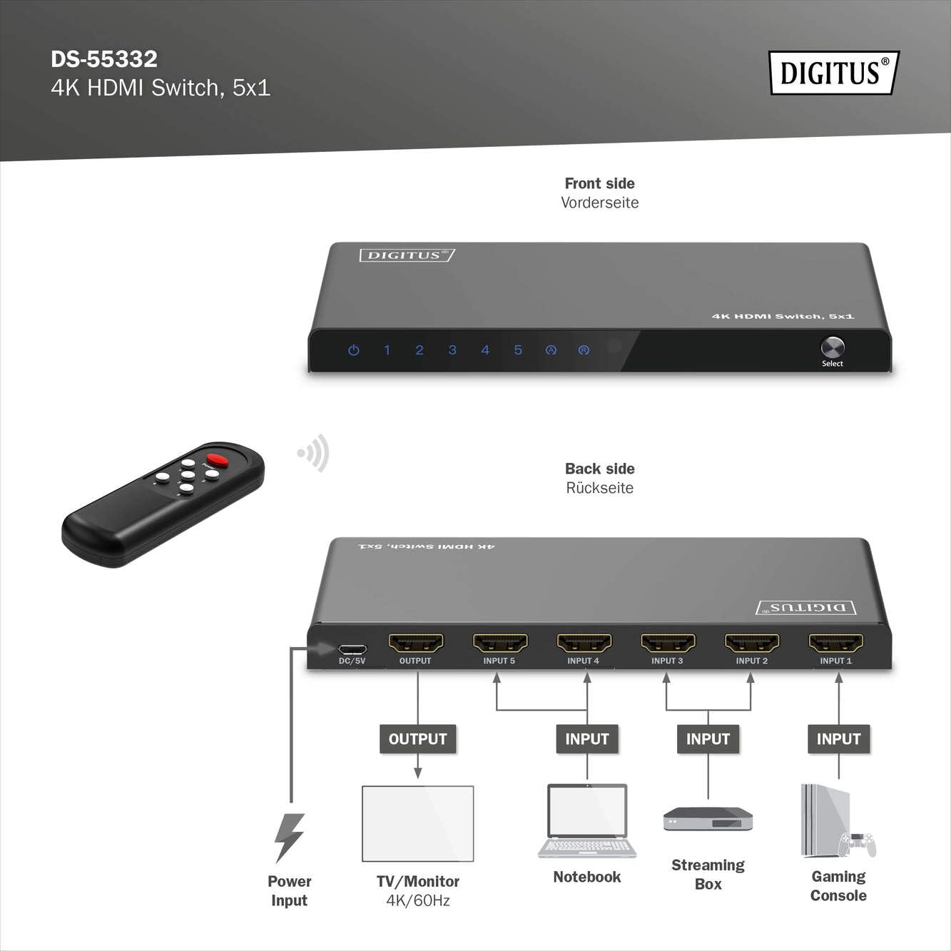 DIGITUS Conmutador HDMI 5x1 – 5 entradas, 1 Salida – UHD 4K/60 Hz – | HDMI 2.0, HDCP 2.2 – HDR, CEC, Deep Color, DTS, Dolby Digital, LPCM – Para televisores, monitores, consolas de videojuegos