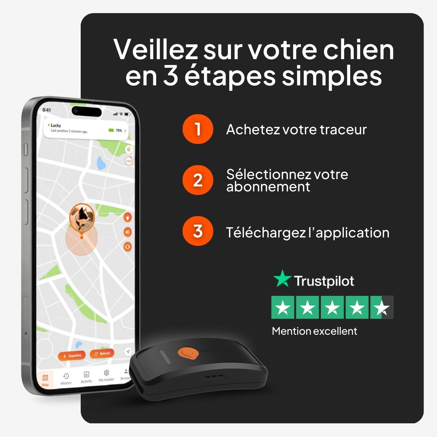 Weenect Chien XT - Traceur GPS pour Chien sans Collier | Étanche | Antenne XL | Portée Illimitée | Garantie à Vie | Abonnement Requis