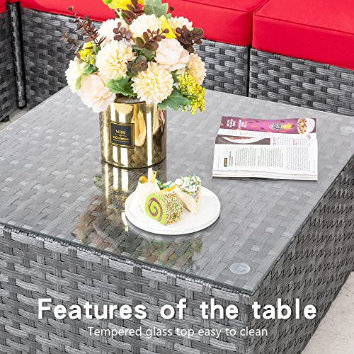 Shintenchi 7 Pieces Ottoman Outdoor Patio Sectional Sofa Couch, Silver Gray Pe Wicker Furniture Conversation Sets With Washable Cushions & Glass Coffee Table For Garden, Poolside, Backyard Red #TOP2