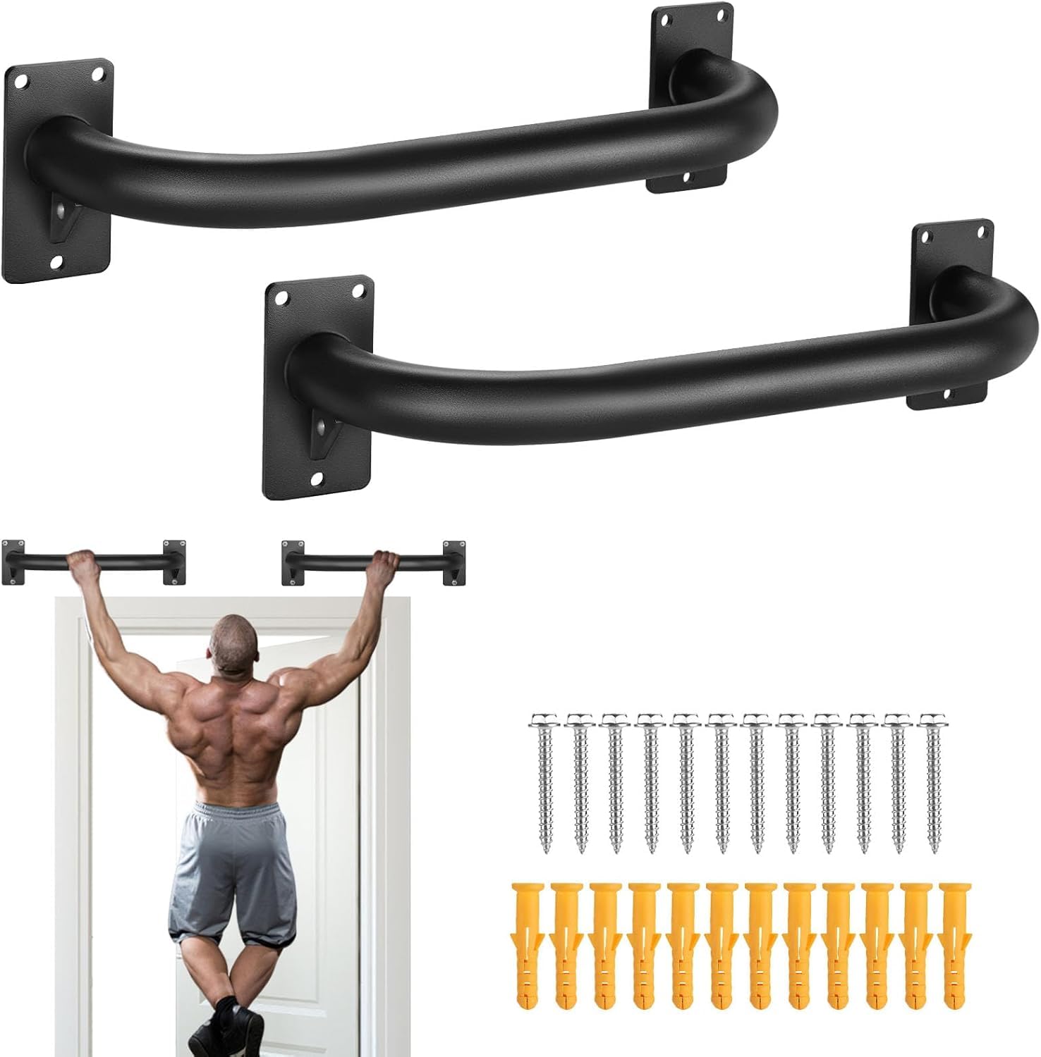 TYB 2PCS Wall Mount Doorway Pull Up Bar, Heavy Duty Strength Training Chin Up Bars, Door Frame Pull-Up Bars Ceiling Wall Mounted, Thick steel Sturdy Hanging Pull-up Bar for Home Gym Workout (Black, 2PCS Wall Mount)
