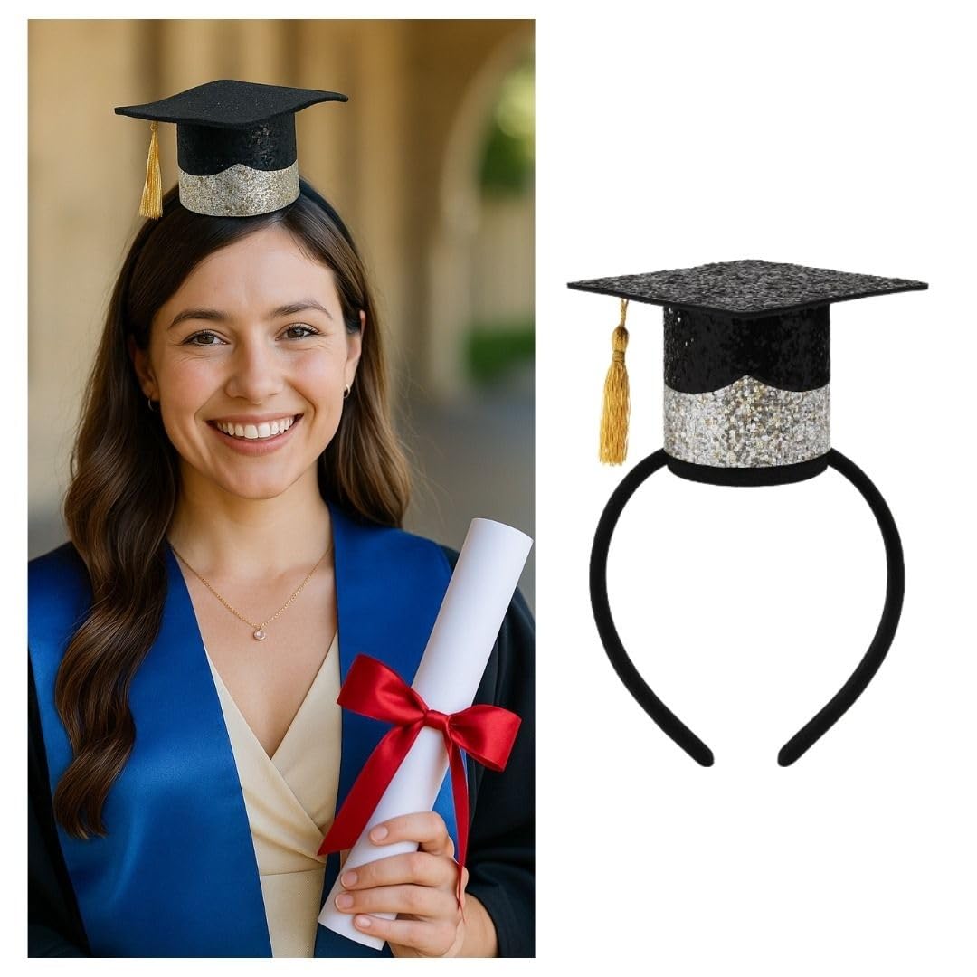 WP Wanna Party Graduation Hat Headband,Mini Glitter Black Silver Bachelor Cap Party Decorations