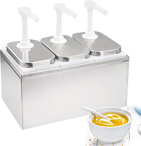 Dispensador de salsa de 6.3 cuartos de galón, estación de bomba de condimentos de acero inoxidable, dispensador de bomba de condimentos con 3