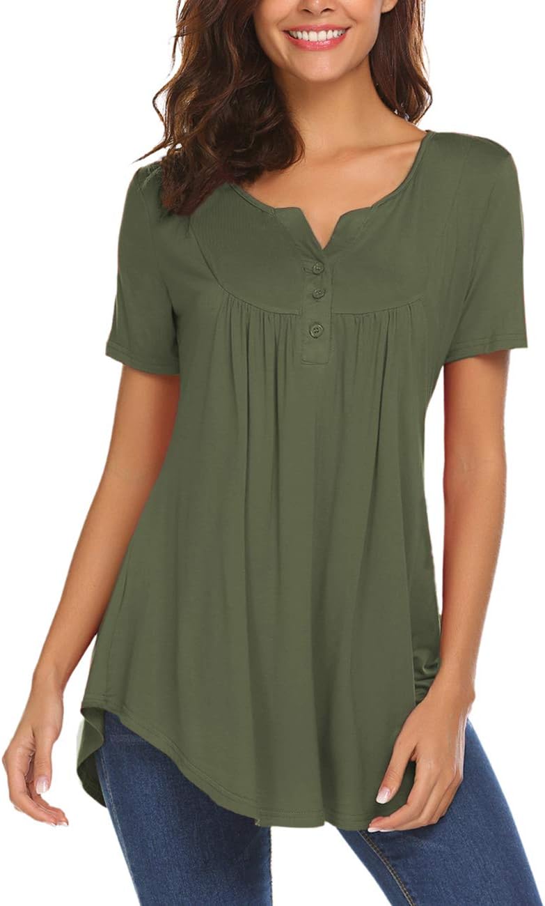 HalifeWomen's Casual Long Sleeve Henley V-Neck Shirt Loose Fit Pleated Tunic Blouse Tops