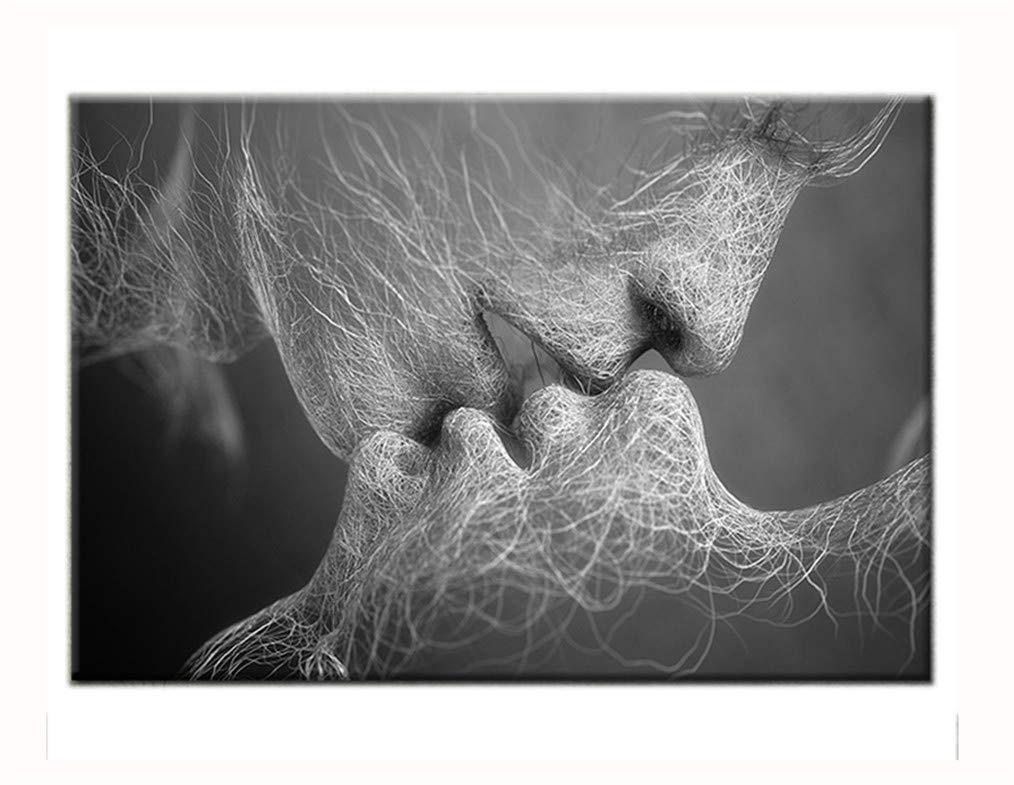 ZSLMXLover Kiss Canvas 3D Print Painting Black White Or Color Romantic Kissing Couple Wall Art Decor Giclee Print Artwork Wall Art Stretched Picture Modern Home Decor,Black&white,23.6x35.4Inch