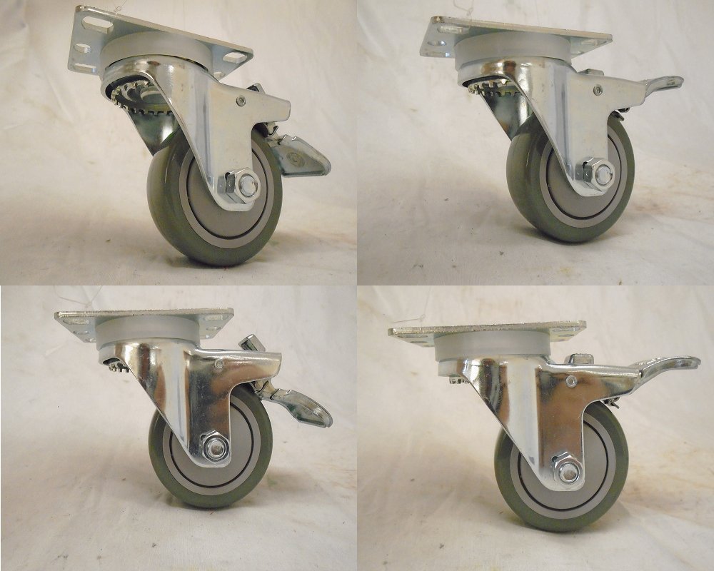 3 X 1-1/4 Swivel Casters w/Gray Polyurethane Wheel Total Lock Brake 300lb Ea (4)
