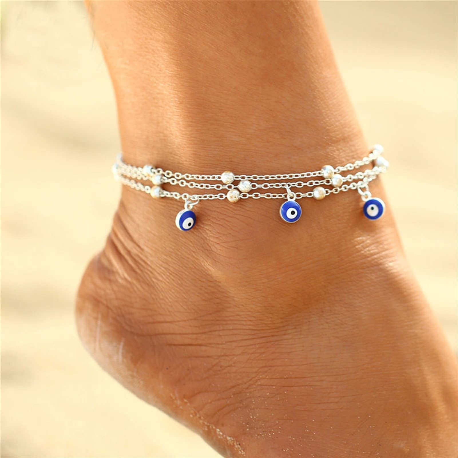 Tobilleras Tobilleras Diseño de Playa de Moda Tobilleras con Ojos Azules para Mujeres Pulseras Accesorios de joyería para Damas Tobilleras para Mujeres (Color : Silver)
