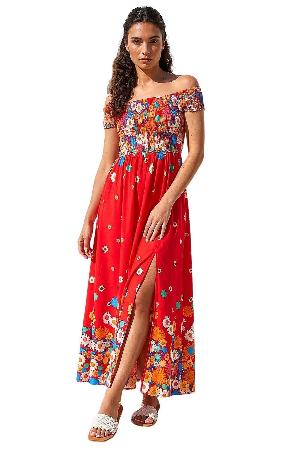 Roman Women's Floral Bardot Shirred Midi Dress Size 18 Red