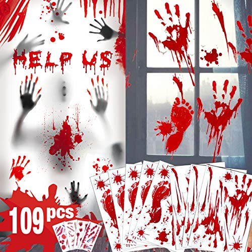 Bloody Handprint Footprint Halloween Decorations - 109 PCS Halloween Window Clings, 8 Sheets Bloody Wall Decal Floor Clings with Tattoo Stickers, Spooky Window Stickers for Halloween Party Decorations