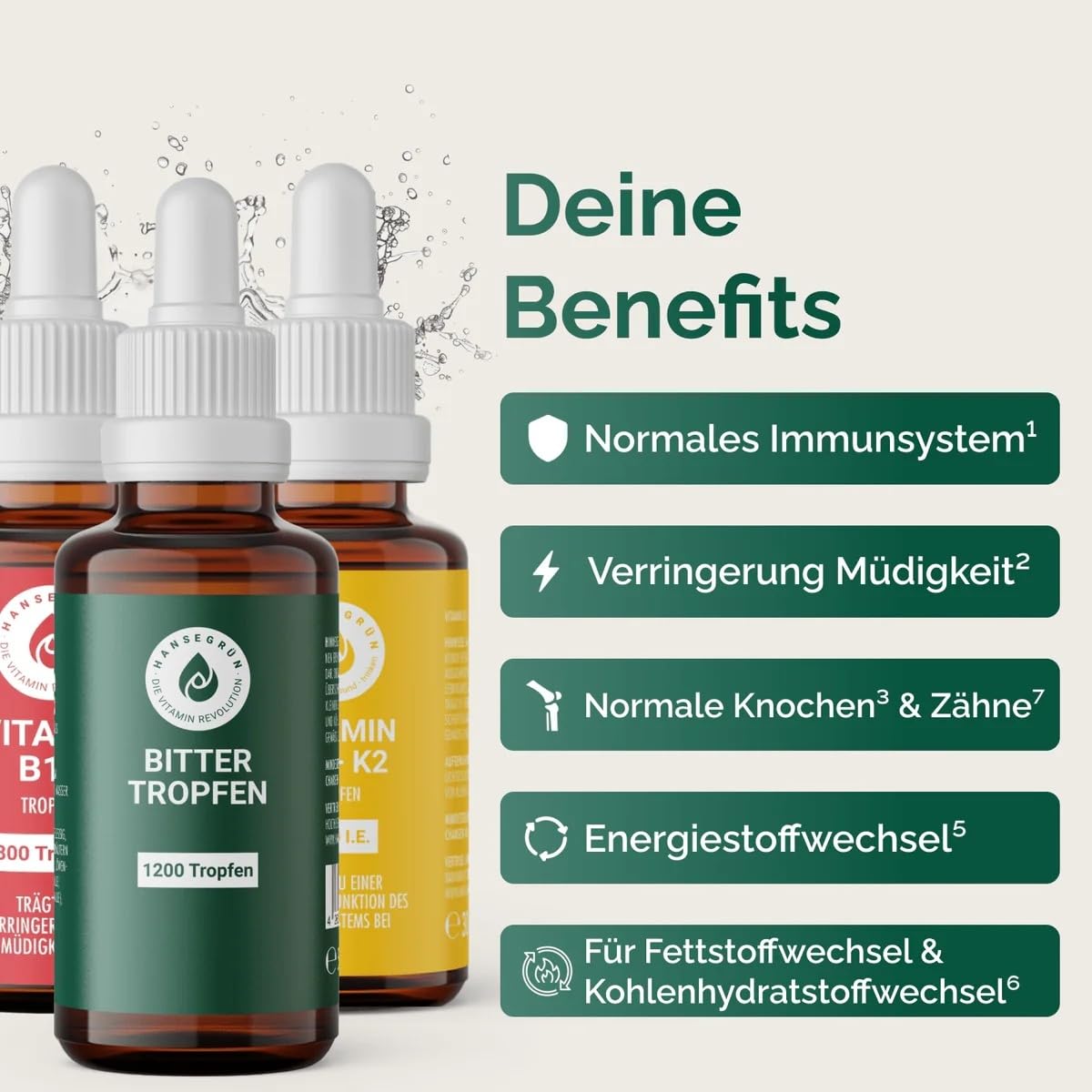 Hansegrün - Kennlernset Vitamine D3K2 (30ml), B12 (30ml) & Bittertropfen (50ml) - Immunsystem¹ - Verringerung Müdigkeit² - Energiestoffwechsel⁵ - Ideal gegen Heißhunger & für das Wohlbefinden