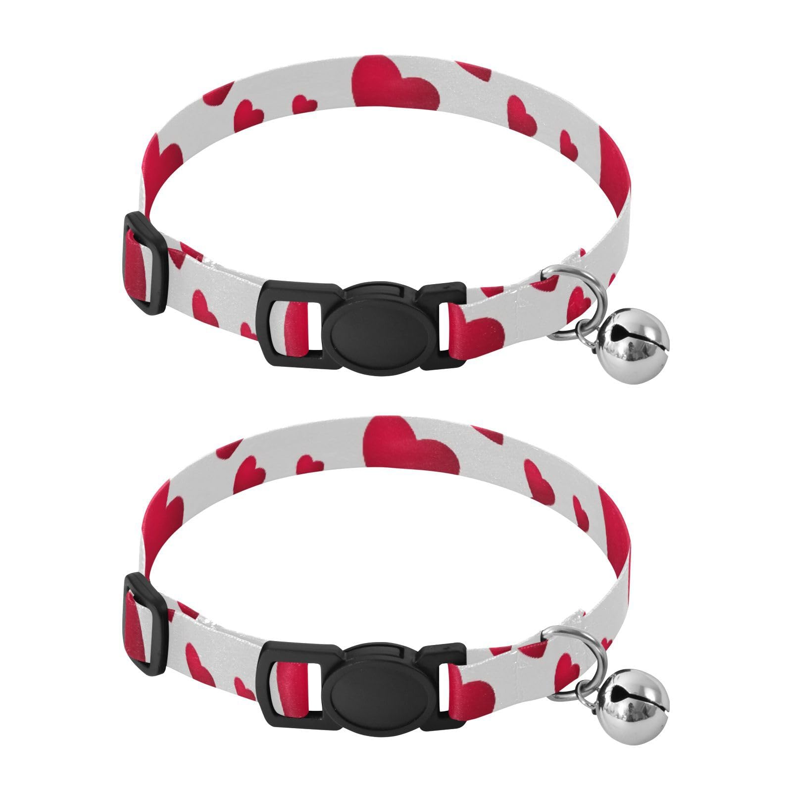 Red Hearts Grey Cat Bell Collar 2 Pack Pet Collar Adjustable Length 10.6" to 17.1"