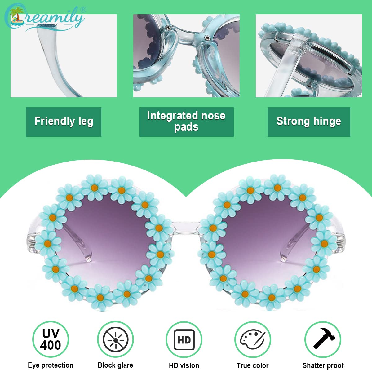 Creamily Round Flower Sunglasses for Girls Flower Shaped Cute Glasses Retro Daisy Sunglasses UV 400 Protection Outdoor Beach Girl Eyewear for Kid Elegant Light Blue Eyeglasses