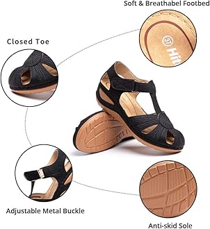 Hitmars Women Sandals Wedge Comfortable Ladies Strap Platform Vintage Closed Toe Soft Wide Fit Summer Sandal Slip on Black Brown Blue 3-9 UK