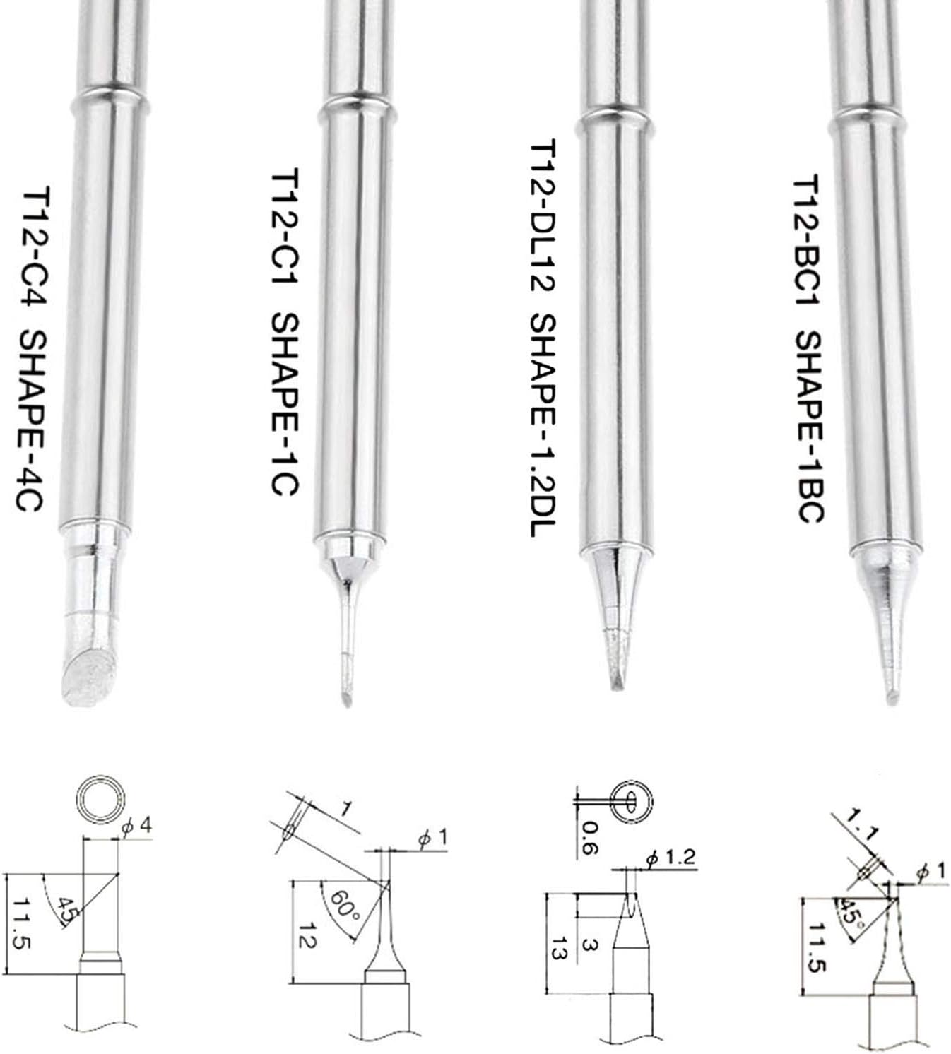 Yetaha 4 Pcs T12 Solder Iron Tips, Welding Tool Replacement for FX-951 FX-952, Hakko Soldering Rework Station for T12-C4 T12-BC1 T12-D12 T12-BC1