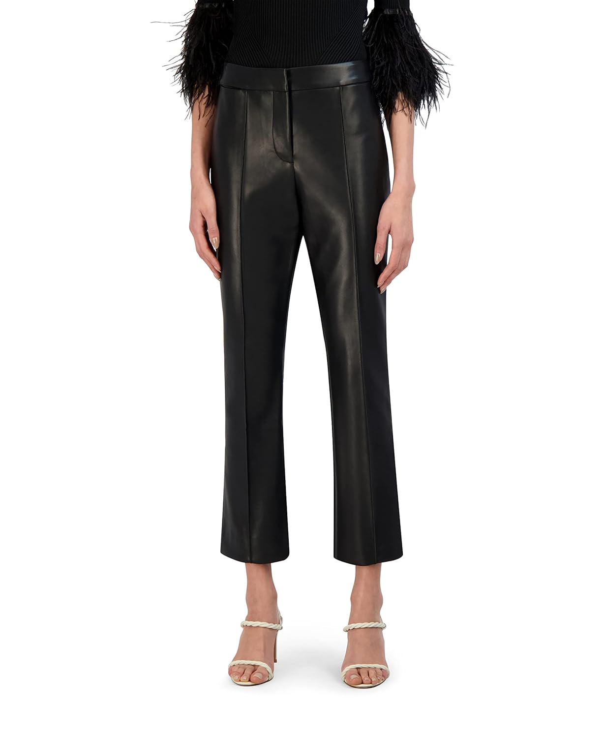 BCBGMAXAZRIA Womens Cropped Flare Leg Faux Leather Pant Functional Back Welt Pockets Trouser