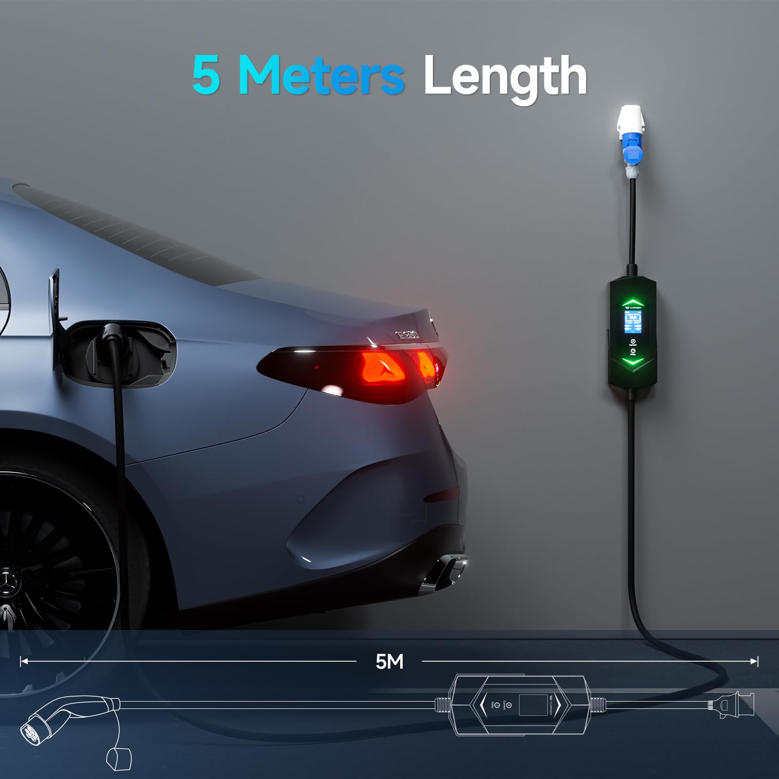 Typ 2 Ladekabel 7,2kW 5m, 6-32A 1-Phasig Mobile Wallbox, Einstellbarer Ladeleistung Typ 2 Ladekabel CEE Stecker, Tragbares EV Charger und Mobile Ladestation für alle PHEV & EV
