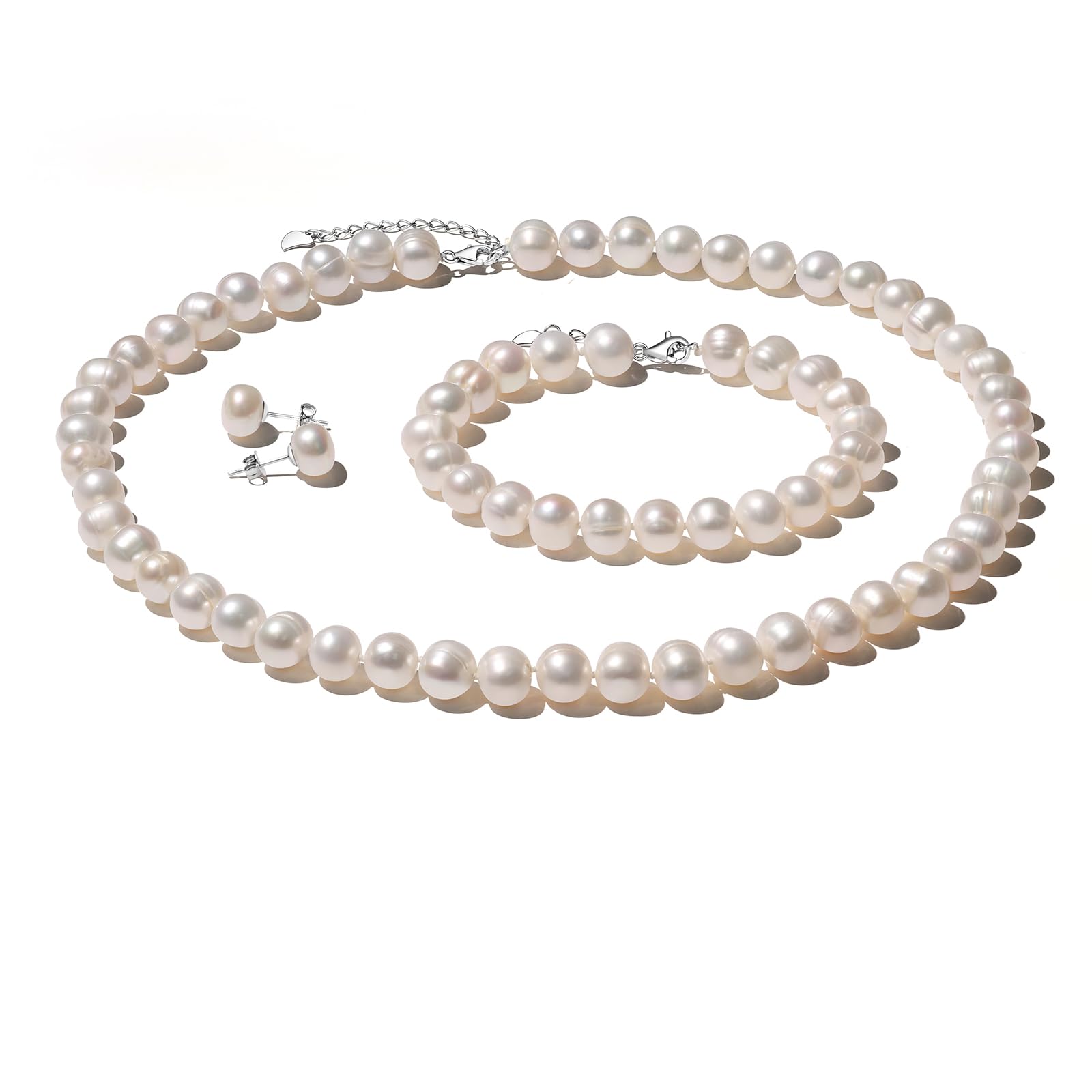 YAMI set perle (collana + bracciale + orecchini), perle di alta qualità coltivate in acqua dolce, argento 925 sterling ipoallergenico, qualità e bellezza, adatto come regalo di Natale, 45 + 5 cm