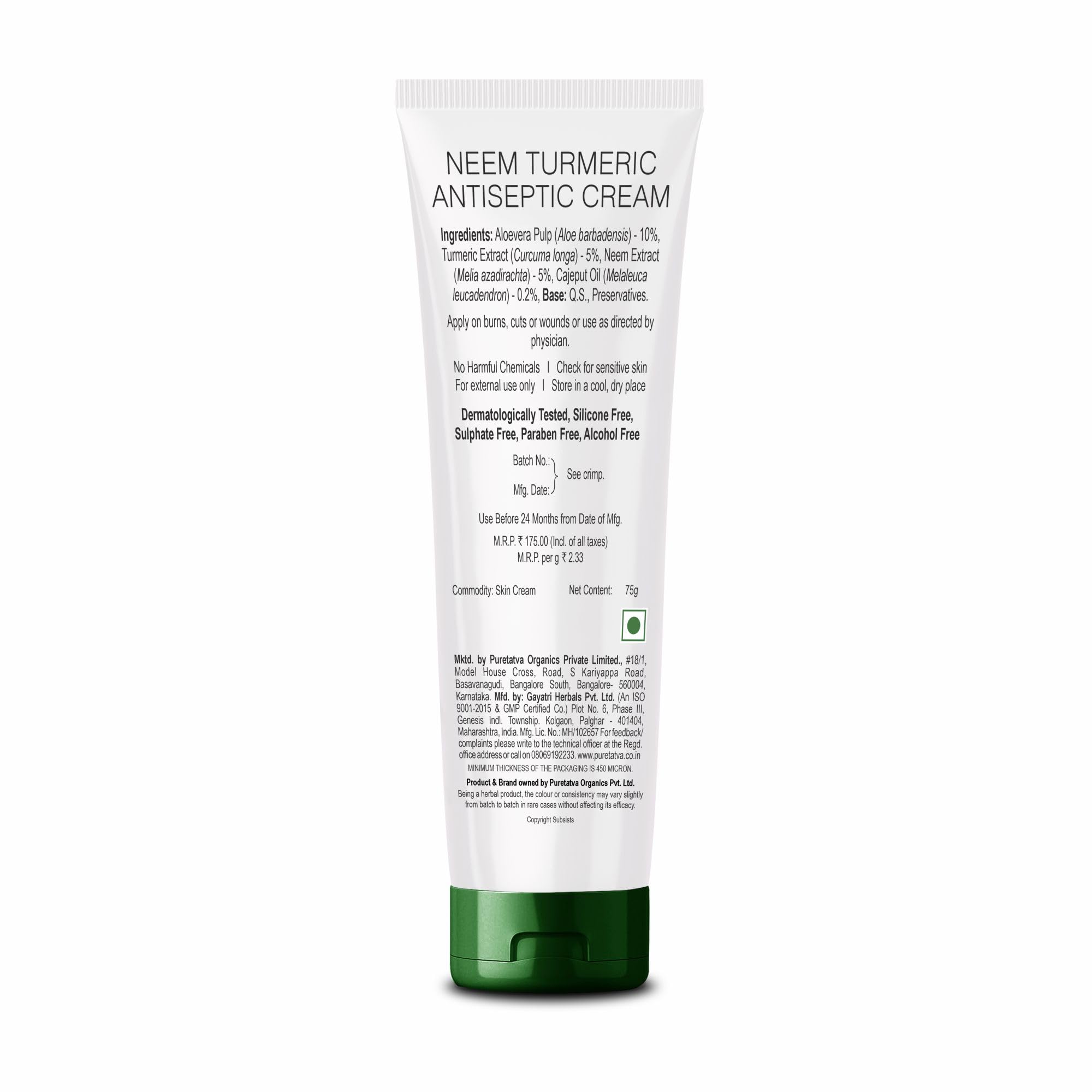 Pure Tatva Neem Turmeric Antiseptic Cream | Natural Wound Healing Cream with Aloe Vera | For Cuts, Burns, Rashes & Skin Irritation | Dermatologically Tested | Silicone, Paraben & Alcohol Free – 75g — Amazon image 2