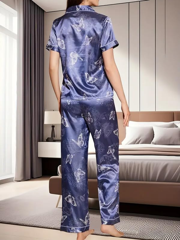 Image of Night Suit for Women with Full Sleeve Button-Down Top with Pant Dress for Woman, Night Dress for Woman, Cotton Two-Piece Loungewear Set