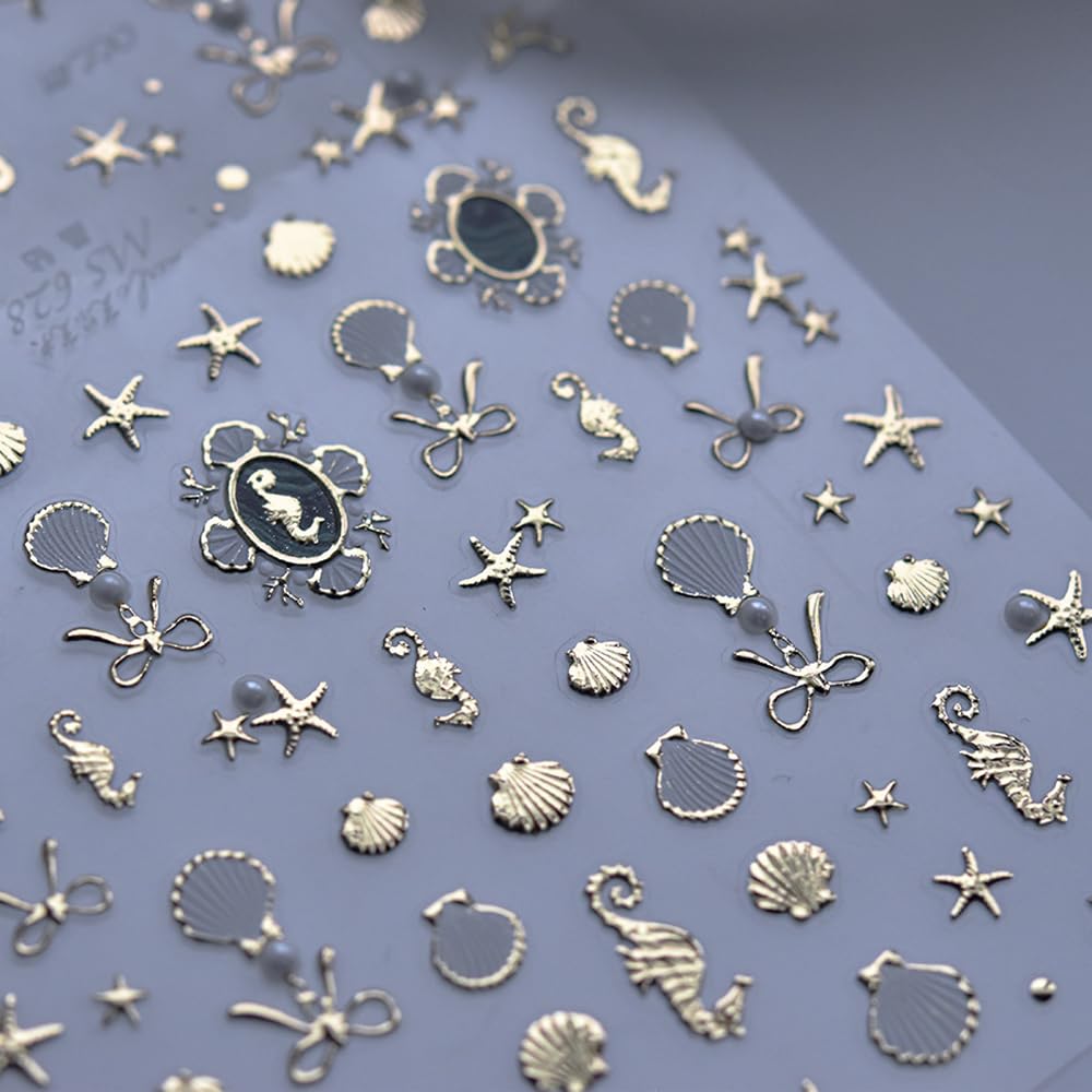 5D Gold Ocean Nail Art Sticker Summer Metallic Texture Nail Decals Shiny Golden Seahorses, Starfish, Shells Ocean Style Adorable Beach Sea Manicure for Women Girls (Golden sea)