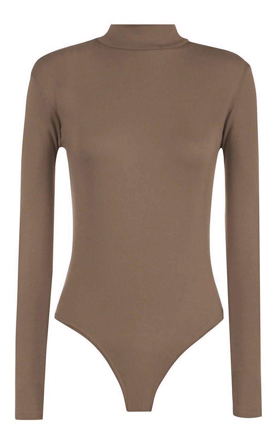 Fairy Trendz Ltd Women's Mocha Plain Polo Neck Bodysuit High Turtle Neck Long Sleeve Leotard Top Uk 8-14