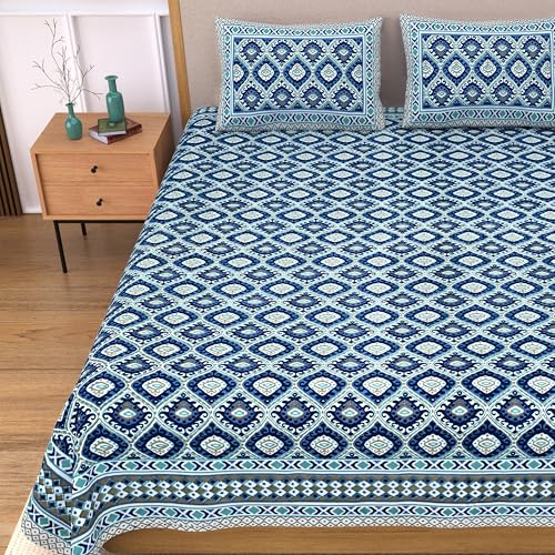 Image of India 100% Pure Cotton Jaipuri Printed Double Bedsheet with 2 Pillow Covers | Traditional Sanganeri Floral Design | Soft Breathable Fabric | King Size Bedsheet for Bedroom (Kaya48)