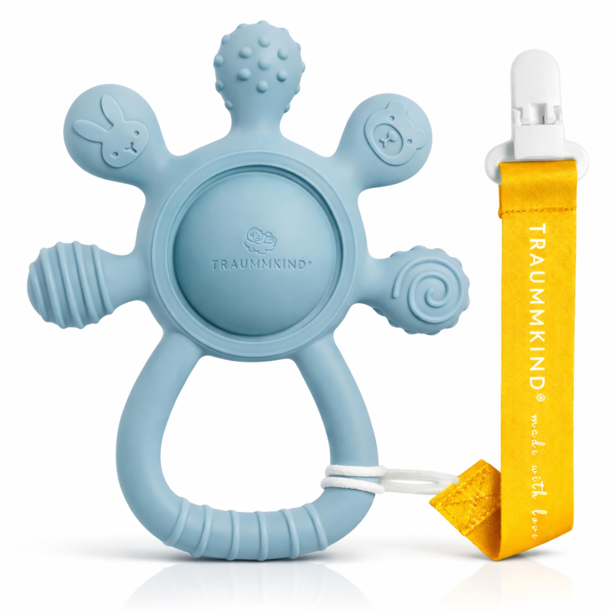 Traummkind Beißring Baby mit Rassel & Clip – Baby Zahnungshilfe aus BPA-freiem Silikon ab 3 Monate – Greifling & sensorisches Beißspielzeug, Babyrassel, Geschenk zur Geburt (Sandblau)