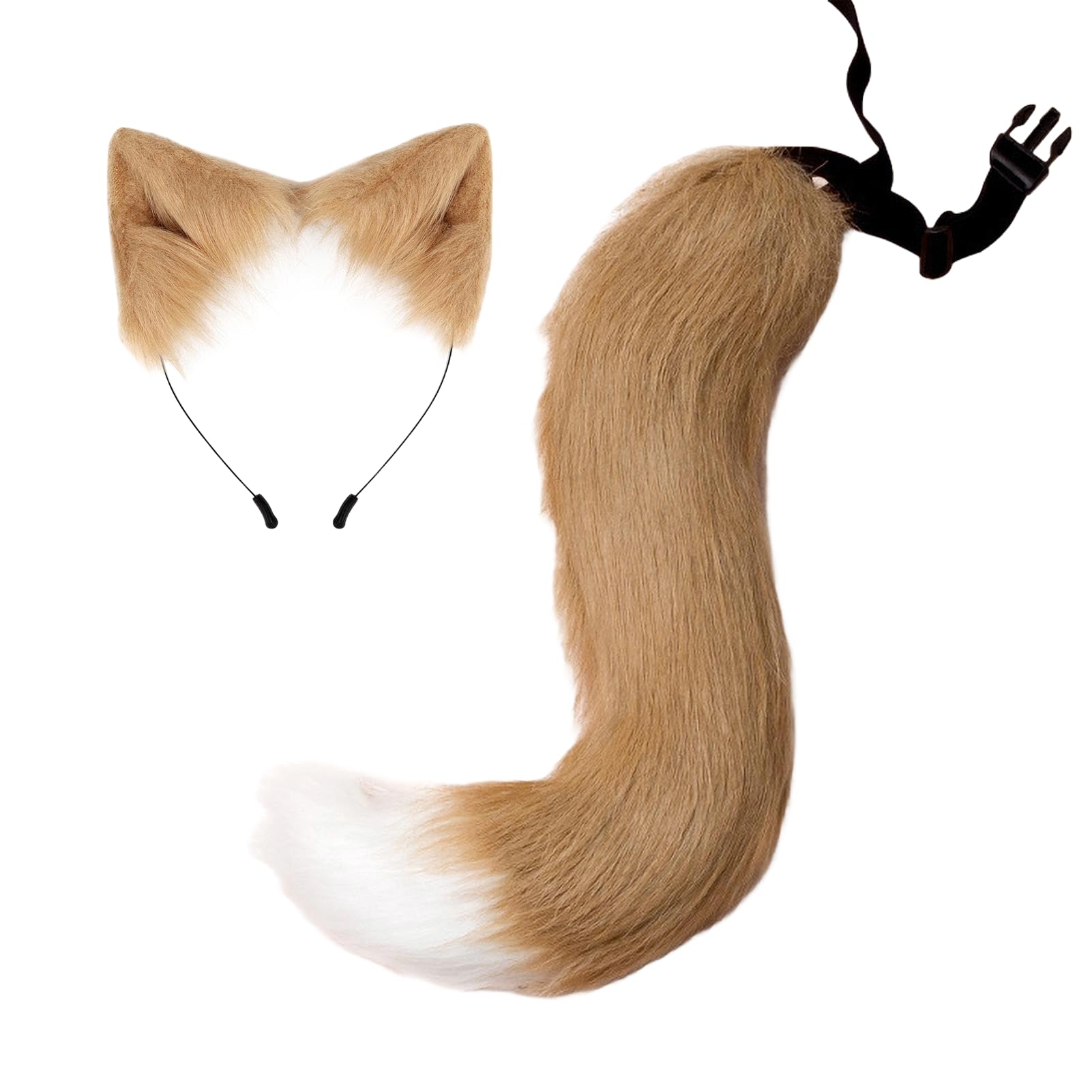 Kreeqe Enchanting Fluffy Faux Fox Tail Cat Ears Halloween Headband Accessories Set Adult Cosplay Costume Party(khaki,M)