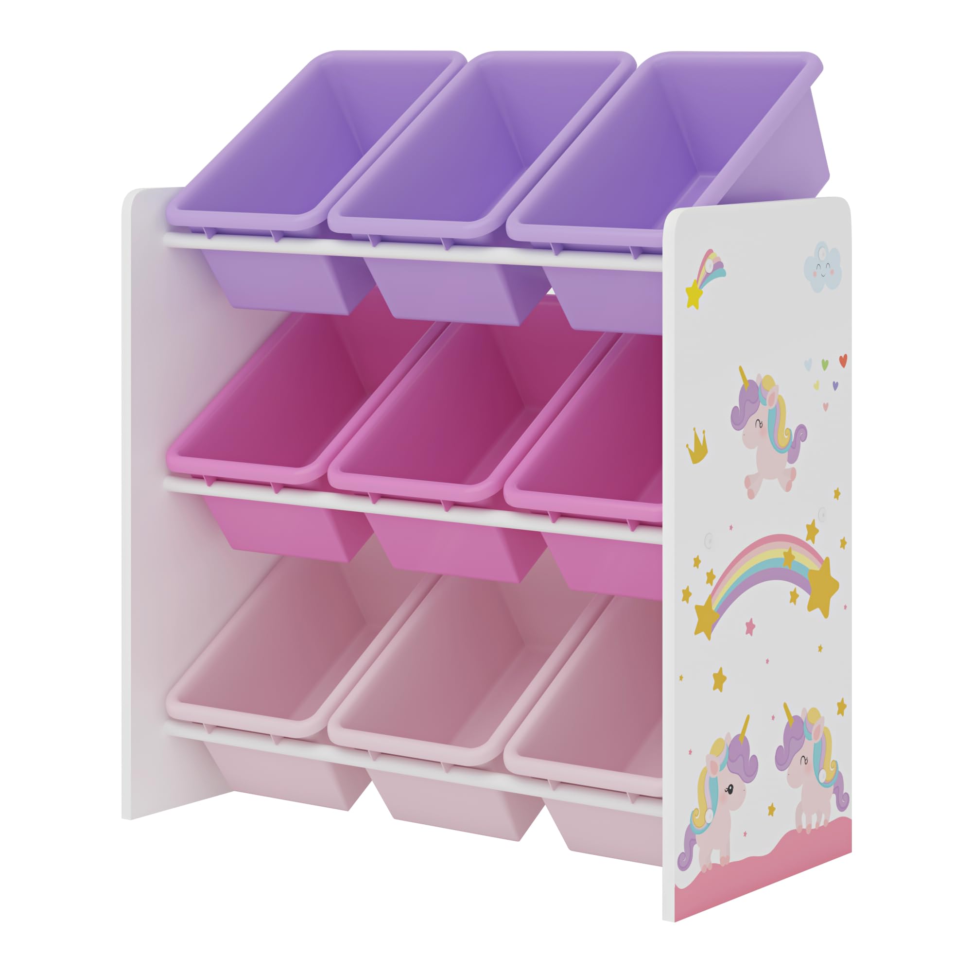 [en.casa] Estantería para Niños Organizador de Juguetes Motivo de Unicornio de 3 Niveles 9 Cajas Aglomerado/Plástico 60 x 62 x 27 cm - Blanco y Violeta/Rosa