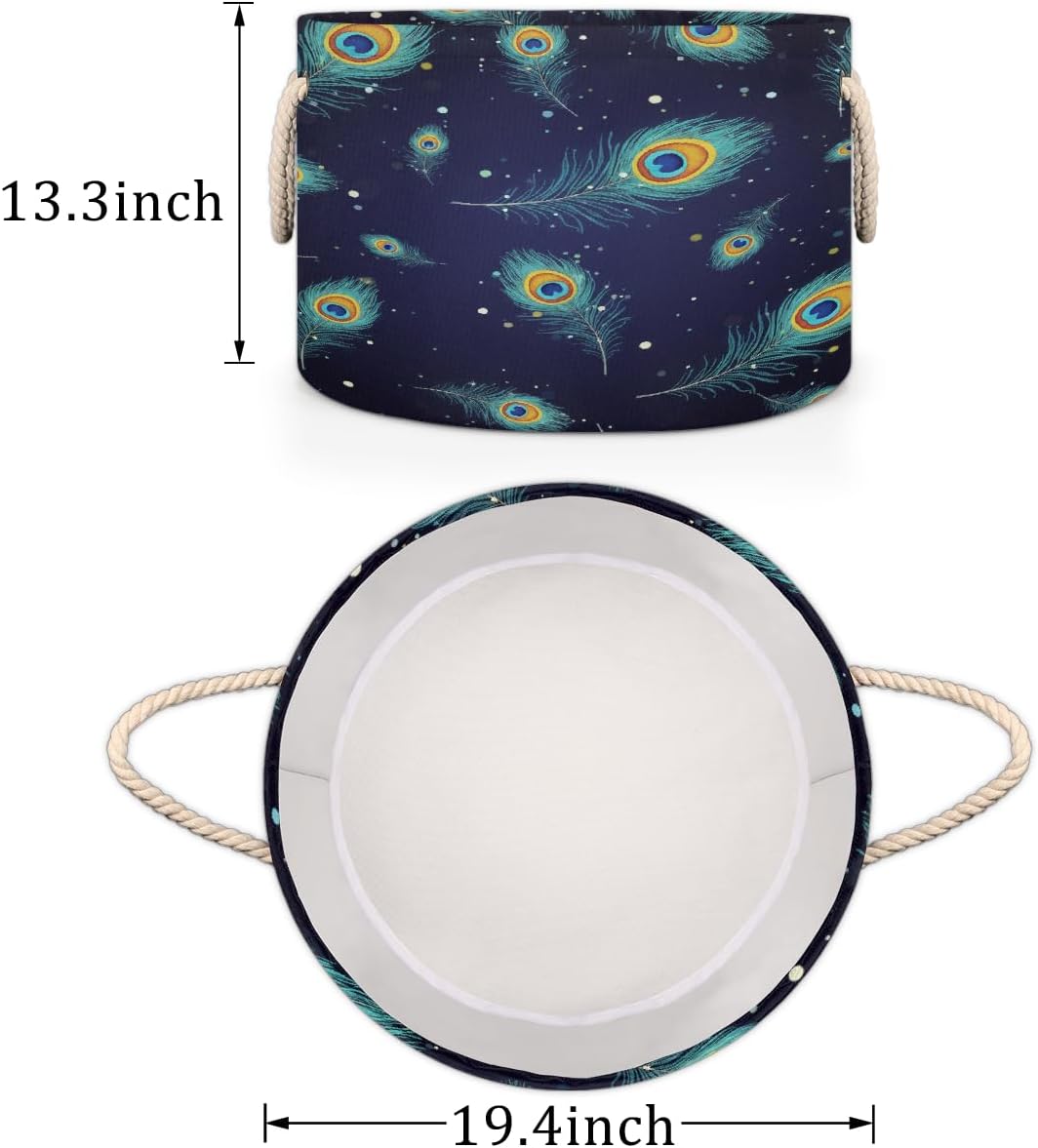 Large Storage Baskets - Peacock Feather Nursery Round Collapsible Organizer Bin Box, Laundry Hamper for Kids Toys, Blanket, Bedroom Living Room Home Decor, Gift Basket, 19.4"x13.3"